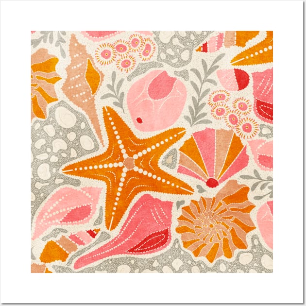 Just Beachy- Seashells Starfish on Sand- Beach Combers Delight- Orange Pink Wall Art by Winkeltriple